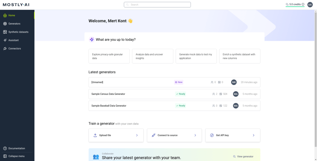 Home page of Mostly AI website after log in