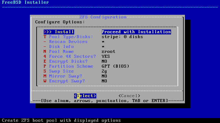 FreeBSD installer ZFS configuration screen